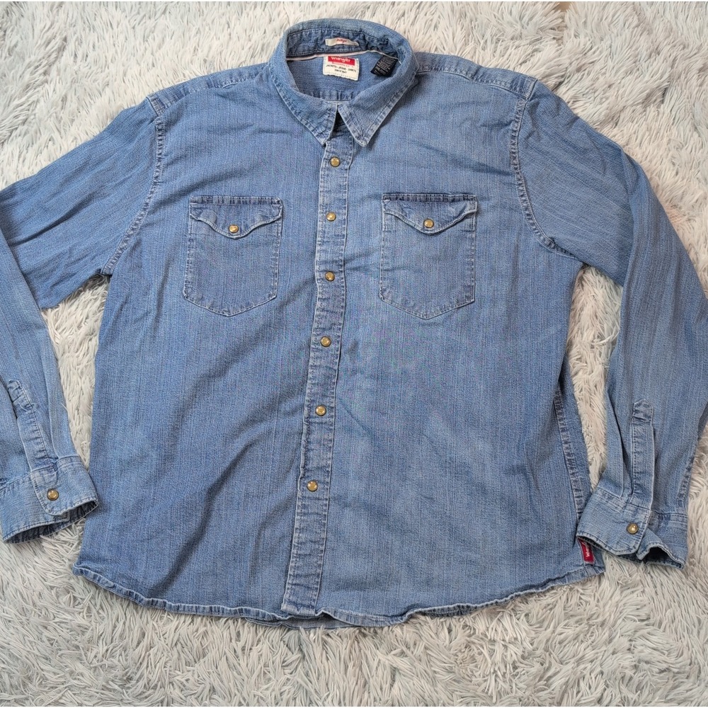 Vintage Wrangler Shirt Mens 2XL Blue Denim Snap Up Workwear Chore Rancher